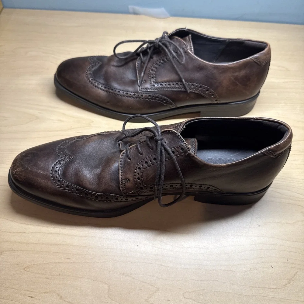 Ecco Vitrus Mens Dress Shoes Wing Tip Leather Oxford Nature Brown SIZE 12 Eu 46
